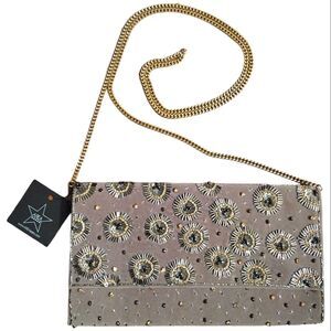 Area Stars Crossbody/Evening Bag, Grey, Beaded & Rhinestone w/ Magnetic